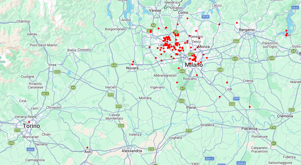 Mappa dell area di intervento Pegaso tra Milano, Como, Bergamo, Lodi e Novara